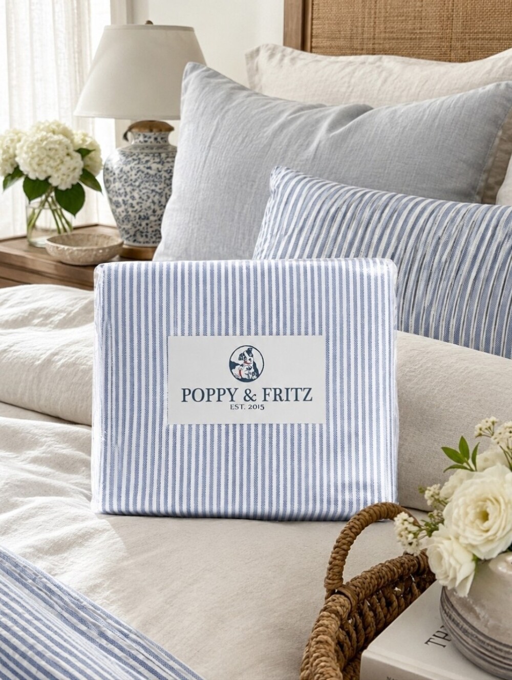 Poppy & Fritz Oxford Stripe Blue Queen Fitted Sheet NIP 100% Cotton Percale